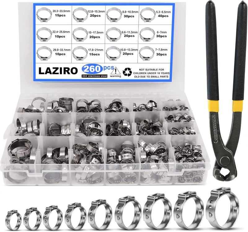 LAZIRO 260 PCS 12 Sizes Single Ear Hose Clamps, 5.3-33.1mm 304 Stainless Steel Crimp Hose Clamp Assortment Kit with Ear Clamp Pincer, Cinch Rings Crimp Pinch Tools for Securing Pipe Hoses Automotive Use - Image 1